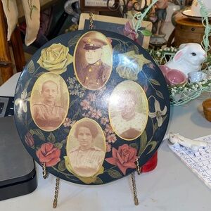 Antique Large Metal Celluloid Photo Button with Floral Victorian Photographs.